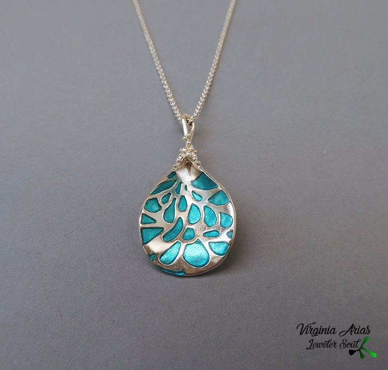 Silver Drop Pendant Turquoise Enamel Necklace image 4