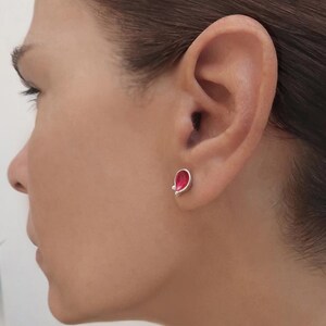 Handcrafted Red Enamel Earrings minimalist jewelry for women, 925 silver earrings for her, a pair of sterling silver stud earrings with a petal design for women, post earrings for everyday.