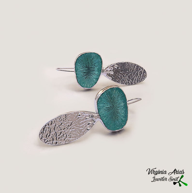 Light Turquoise Enamel Earrings, Long dangle earrings with teardrops, Handmade 925 silver earrings for woman, Unique Gift for women, sterling  silver jewelry by Jewelersoul.