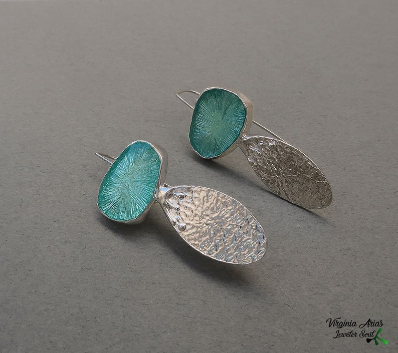 Light Turquoise Enamel Earrings, Long dangle earrings with teardrops, Handmade 925 silver earrings for woman, Unique Gift for women, sterling  silver jewelry by Jewelersoul.