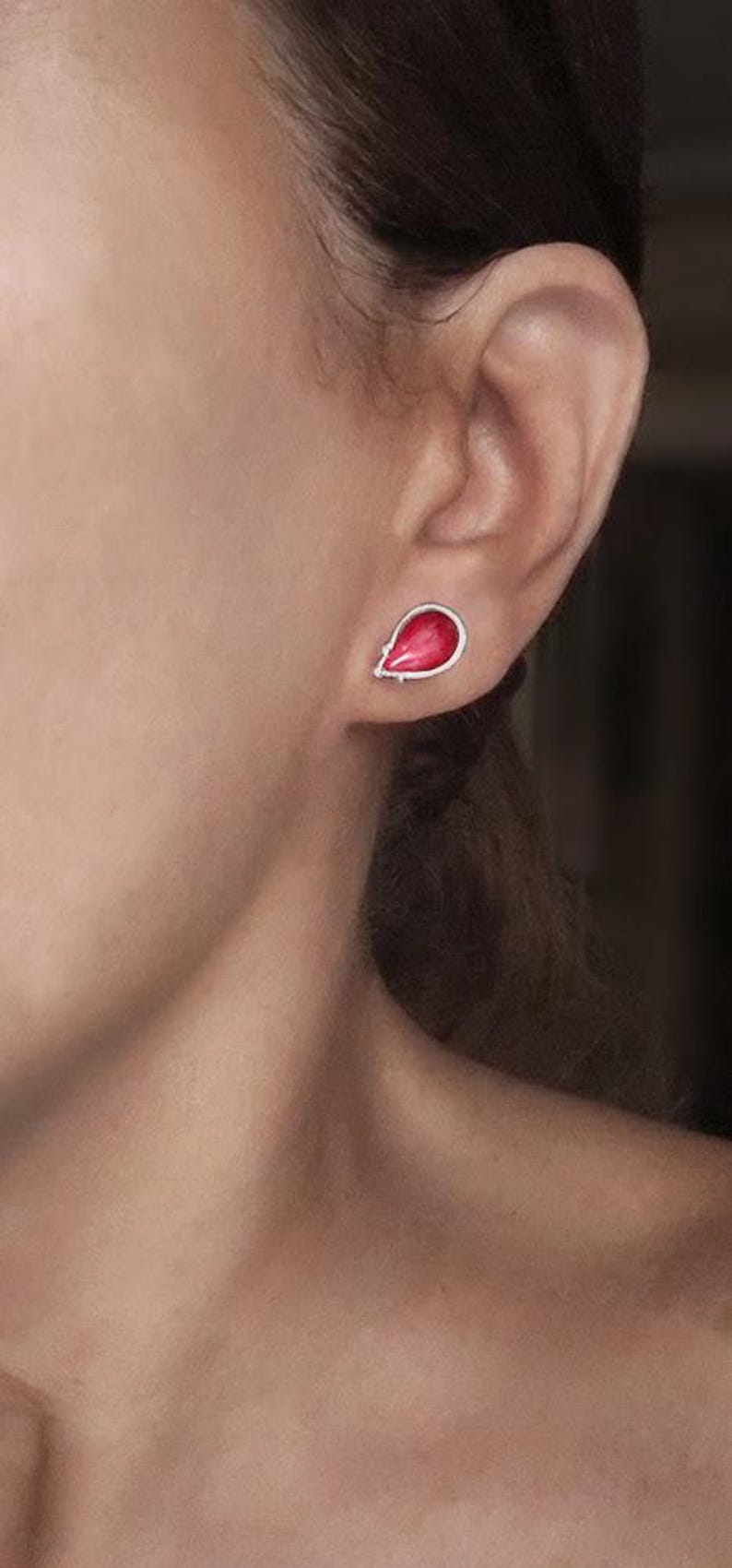 Handcrafted Red Enamel Earrings minimalist jewelry for women, 925 silver earrings for her, a pair of sterling silver stud earrings with a petal design for women, post earrings for everyday.