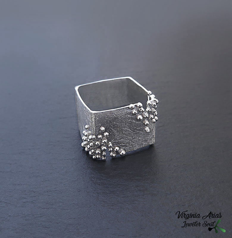 Silver Square Ring, Contemporary Ring Sterling Silver With Granulation ...