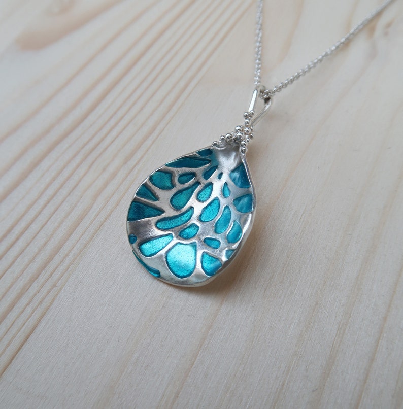 Silver Drop Pendant Turquoise Enamel Necklace image 1