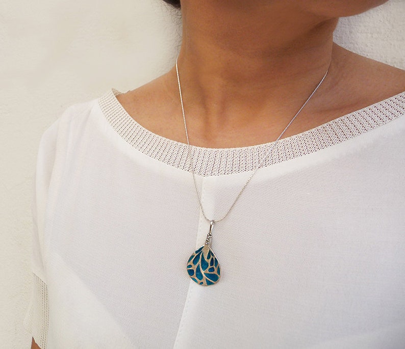 Silver Drop Pendant Turquoise Enamel Necklace image 3