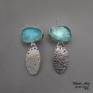 Light Turquoise Enamel Earrings, Long dangle earrings with teardrops, Handmade 925 silver earrings for woman, Unique Gift for women, sterling  silver jewelry by Jewelersoul.
