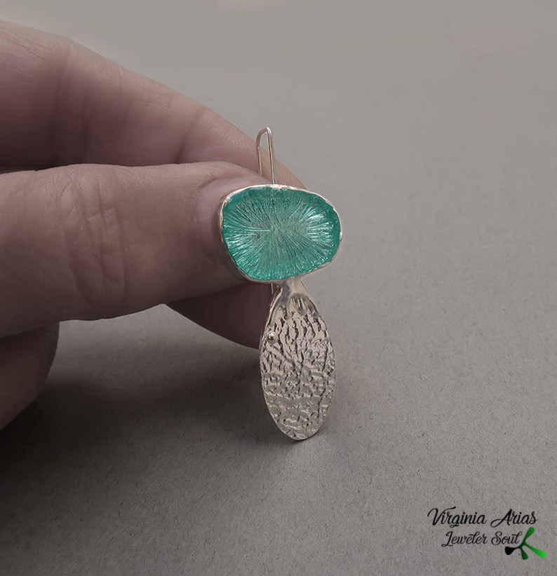 Light Turquoise Enamel Earrings, Long dangle earrings with teardrops, Handmade 925 silver earrings for woman, Unique Gift for women, sterling  silver jewelry by Jewelersoul.
