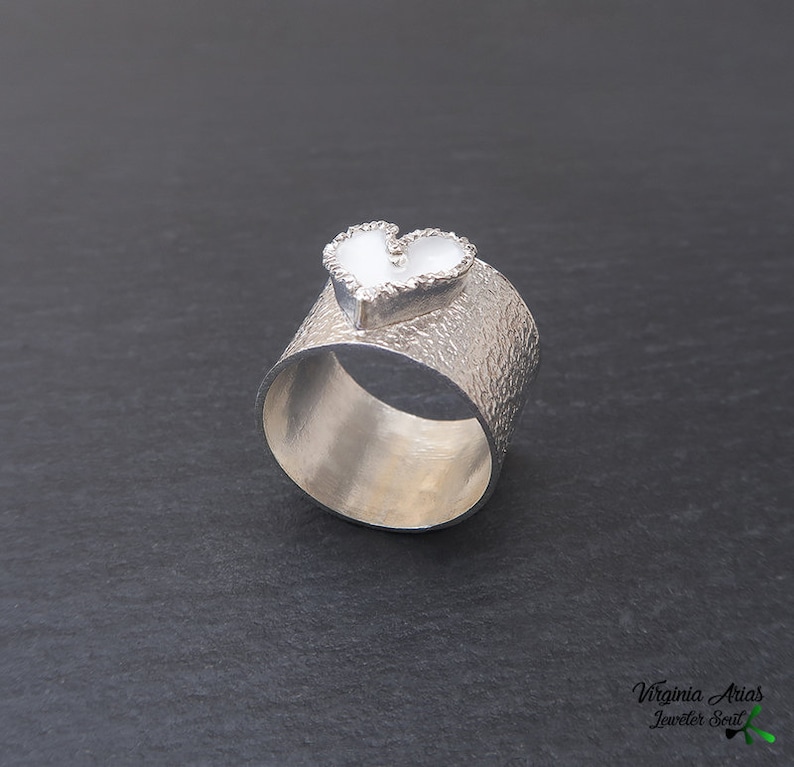 Silver Heart Ring Heart rings for women, Statement signet heart ring Enamel Ring Heart, Modern love ring Silver Chunky ring image 5