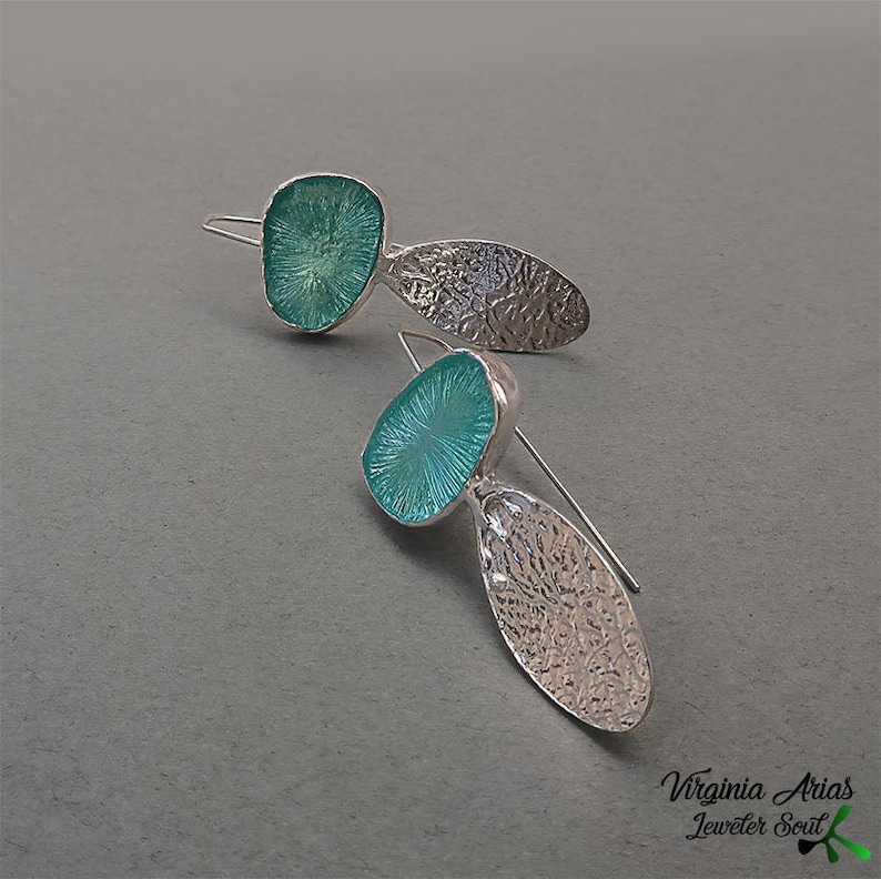 Light Turquoise Enamel Earrings, Long dangle earrings with teardrops, Handmade 925 silver earrings for woman, Unique Gift for women, sterling  silver jewelry by Jewelersoul.