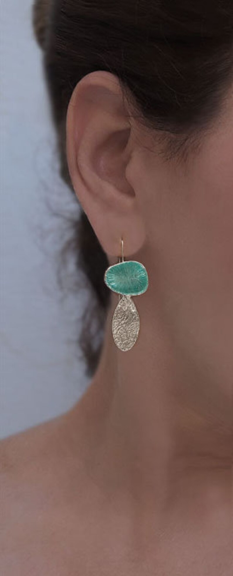 Light Turquoise Enamel Earrings, Long dangle earrings with teardrops, Handmade 925 silver earrings for woman, Unique Gift for women, sterling  silver jewelry by Jewelersoul.