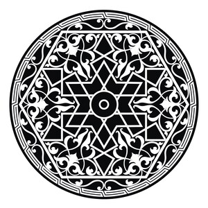 May include: Black and white geometric design with a starburst pattern and intricate floral details. The design is circular and has a border of repeating geometric shapes.