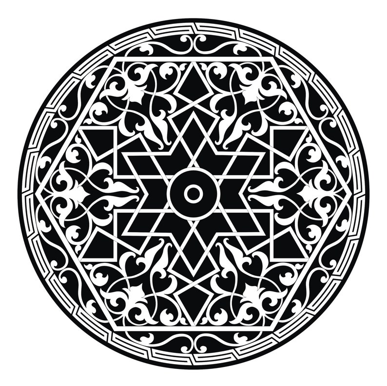 May include: Black and white geometric design with a starburst pattern and intricate floral details. The design is circular and has a border of repeating geometric shapes.
