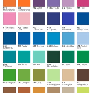 May include: A color chart with 36 different colored squares, each labeled with a number and a German word describing the color. The chart is labeled "Farbmuster - ORACAL&reg;".