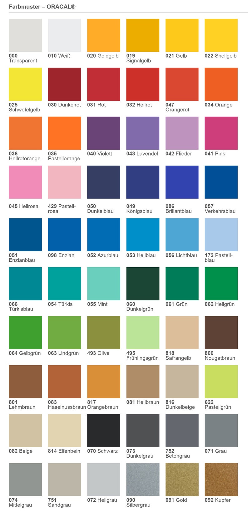 May include: A color chart with 36 different colored squares, each labeled with a number and a German word describing the color. The chart is labeled "Farbmuster - ORACAL&reg;".