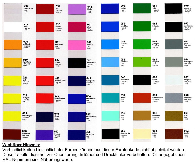 May include: A color chart with 92 different paint colors, each with a corresponding number and RAL code. The chart is divided into 10 columns and 10 rows. The colors range from white to black, and include shades of red, orange, yellow, green, blue, purple, and brown.