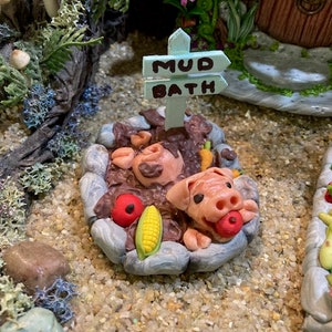Pig in mud, pig mud bath, happy pig, polymer clay figurine, pet pig, pig, miniature garden, mini pet, pocket pet, polymer clay, farm pet