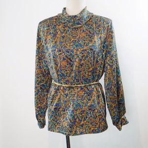 Vintage Turtleneck Blouse, Abstract print, Gathered Shoulders, Thin Shoulder Pads, 80s, Career