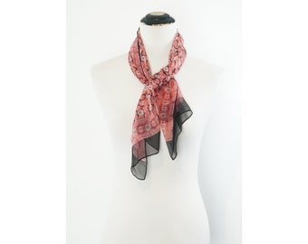 Vintage Scarf, Long, 60s, Pink and Black Floral Design, Semi Sheer, Accessory, Summer