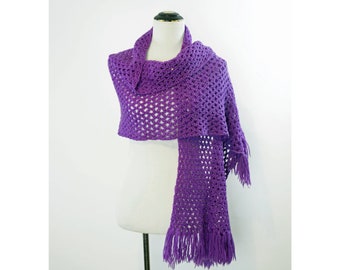 Vintage Purple Scarf, Long Wrap, Hand Knit, Fringe, Bulky, Warm