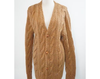 Vintage Handmade Cardigan Sweater, Thick Bulky Cable Knit, Tan, Camel, Preppy, Fall