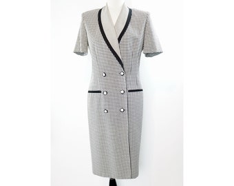 Vintage Career Dress, Gingham Checks, Double Breasted, Above Knee, Pencil Skirt, Short Sleeve, Transitional