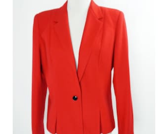 May include: A red blazer with a single button closure and long sleeves.