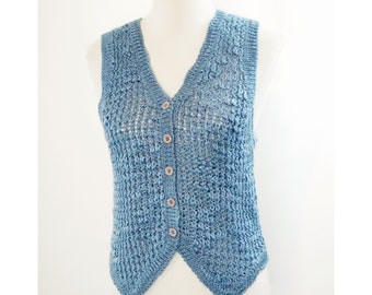 Vintage Sweater Vest, Open Fuzzy Knit, Blue Button down, 90s