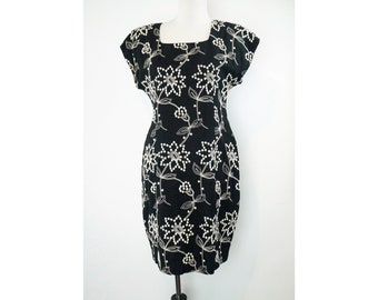 Vintage Embroidered Dress, Carole Little, LBD, Little Black Dress, Linen, Fully Lined, Above Knee, 90s Floral, Fitted