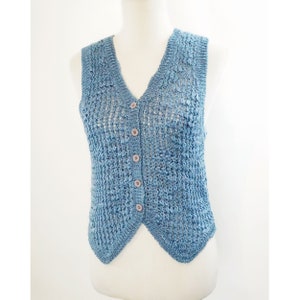 Vintage Sweater Vest, Open Fuzzy Knit, Blue Button down, 90s