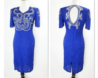 Vintage Formal Dress, Silver Sequin, Royal Blue Beaded Silk, Cocktail, Evening, Party