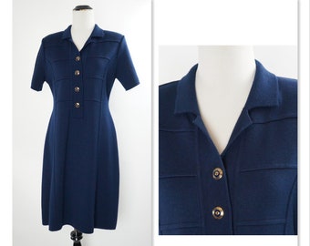 Vintage Castleberry for Appleseeds Dress, Navy Blue Knit, Petite Career Wear