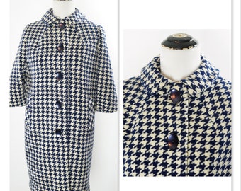 Vintage 60s Coat, Houndstooth Blue and Cream Overcoat, Mod, Midcentury,