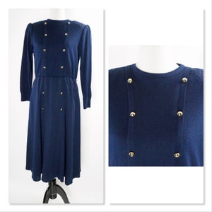 Vintage Sax Fifth Avenue Dress, Navy Midi, Gathered Shoulders, Elastic Wasit, Comfortable