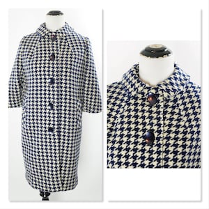 Vintage 60s Coat, Houndstooth Blue and Cream Overcoat, Mod, Midcentury,