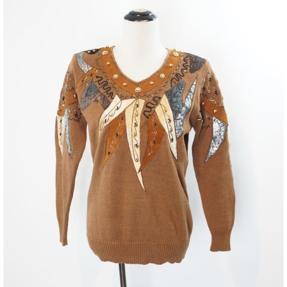 Vintage 90s Sweater, Beaded, Applique Leather, Ab… - image 1