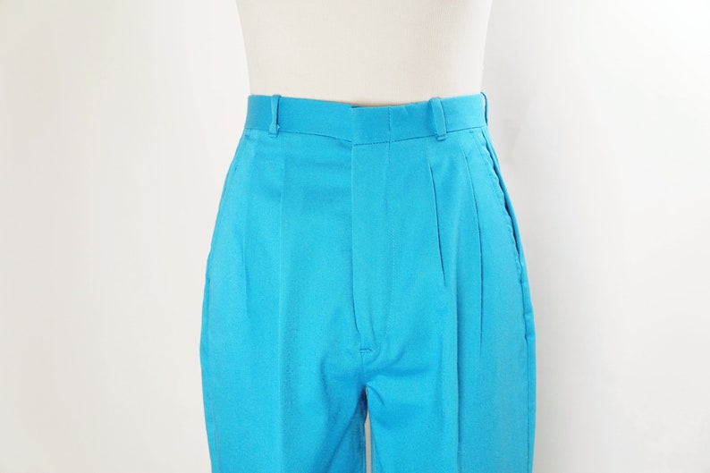 Vintage Cheenos Pants, High Waist, Tapered Leg, Turquoise Blue, Pleats, Pockets image 2