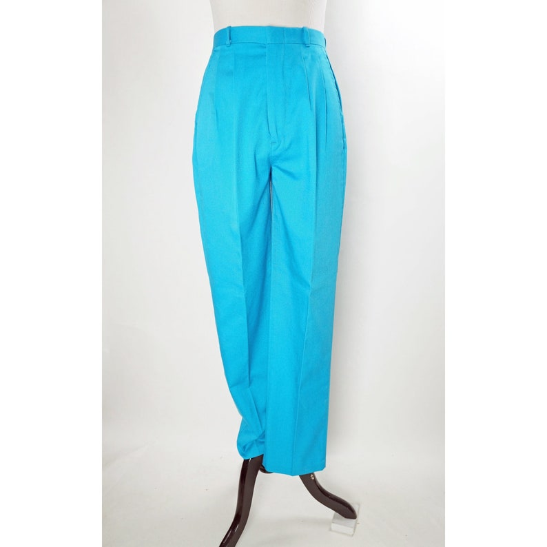 Vintage Cheenos Pants, High Waist, Tapered Leg, Turquoise Blue, Pleats, Pockets image 1