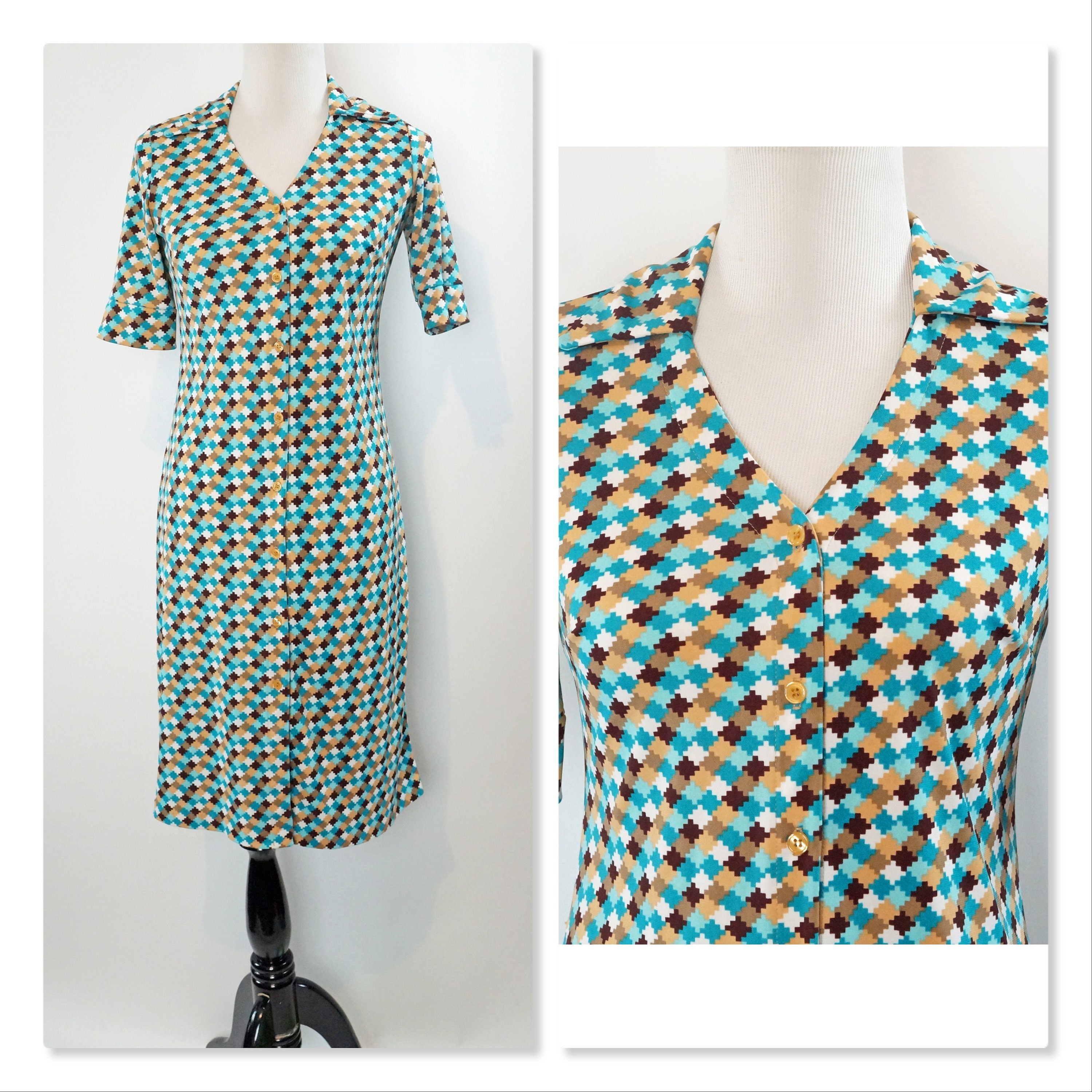 Vintage Geometric Print Shift Dress, Wide Pointed Collar, Button Down, Short Sleeves, 70s Style made in 90s. Necessary Objects, Turquoise