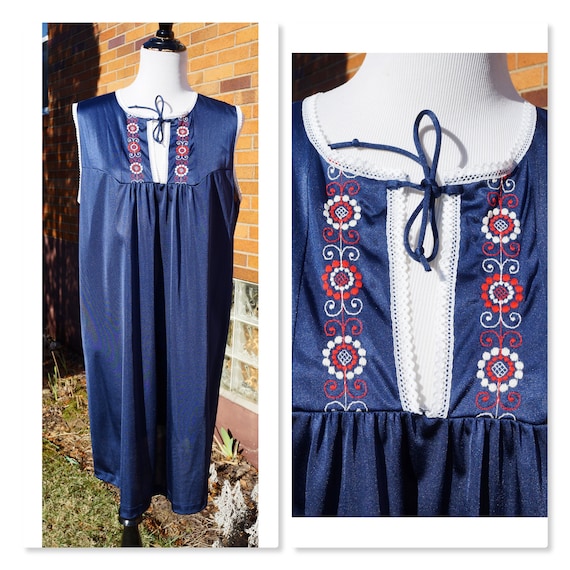 Vintage 70s Navy Nightie, Nightgown, Embroidered,… - image 1