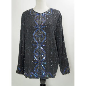 Vintage Sequin Beaded Jacket, Stenay Formal Occasion Blazer, Blue, Black, Silk, Lined