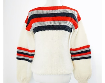 Vintage Handmade Sweater, 90s Stripes, Boatneck, Thick, Warm