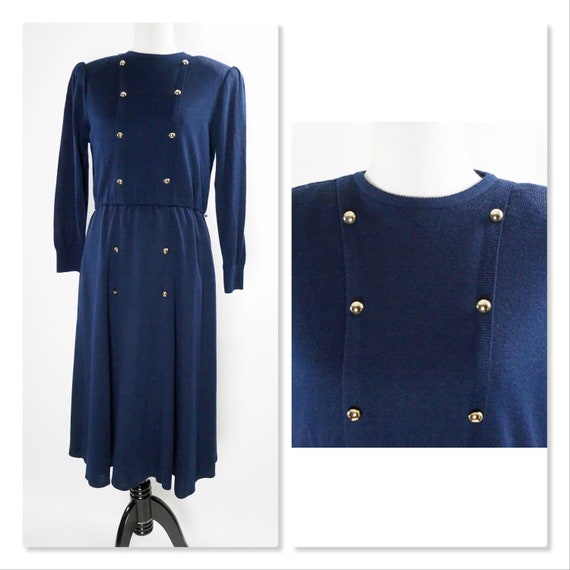 Vintage Sax Fifth Avenue Dress, Navy Midi, Gather… - image 1