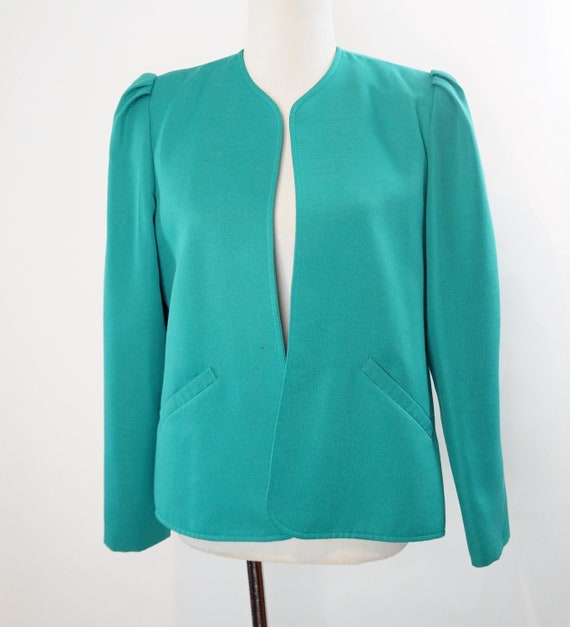 Vintage 80s Blazer, Gathered Shoulders, Turquoise… - image 1