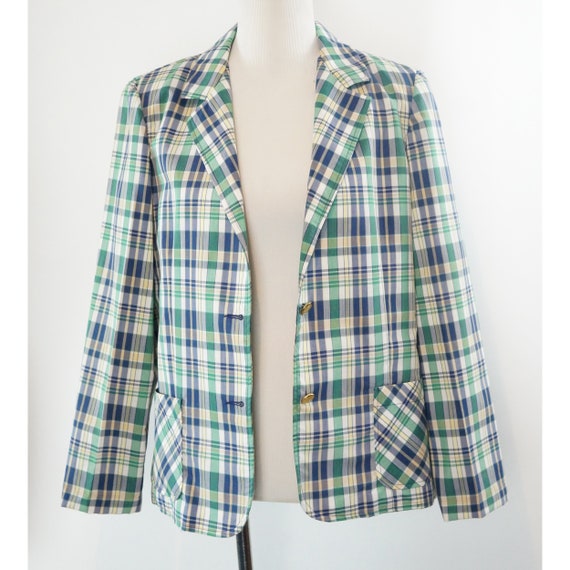 Vintage Plaid Blazer, 80s, Lightweight Cotton, Su… - image 2