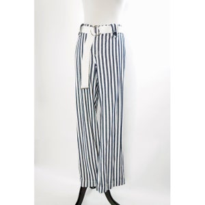 Vintage 90s Tommy Hilfiger Pants, Denim Blue and White Stripe, Belted, Straight Leg