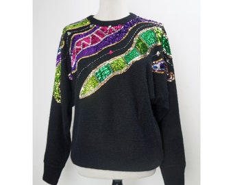Vintage jaren '80 abstracte pailletten trui, vleermuismouwen, glitter, chic, vakantie