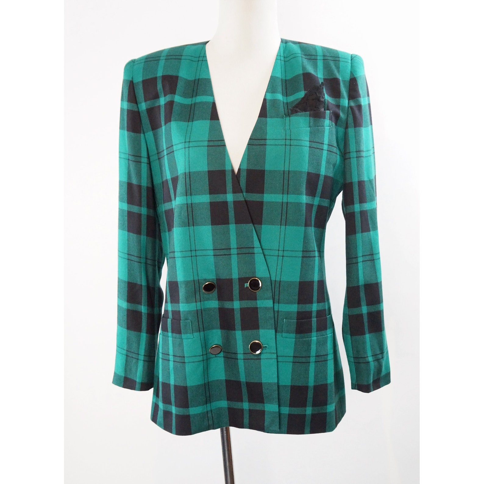 Vintage Plaid Blazer Women's Double Breasted Teal Etsy
