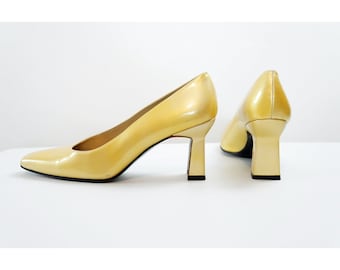 Vintage Stewart Weitzman Pumps, Designer Shoes, Chunky Heels, Square toe, Gold, NARROW width