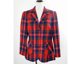 Vintage Pendleton Blazer, Pure Virgin Wool, Red Plaid, Fitted Waist, Preppy