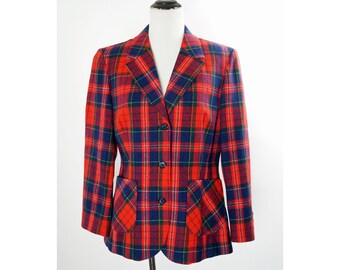 Vintage Pendleton Blazer, Pure Virgin Wool, Red Plaid, Fitted Waist, Preppy