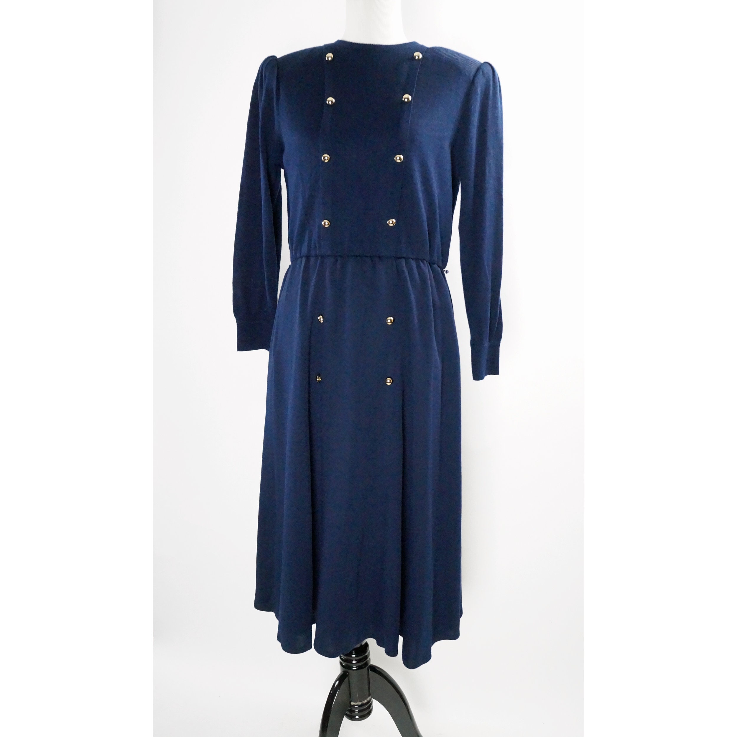Vintage Sax Fifth Avenue Dress Navy Midi Gathered Shoulders Etsy